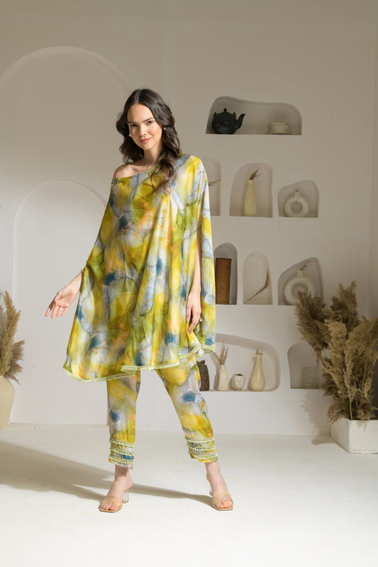 Zia Marble Print 2-way Cape-style Kurta with Pencil Fit Pants - Set of 2