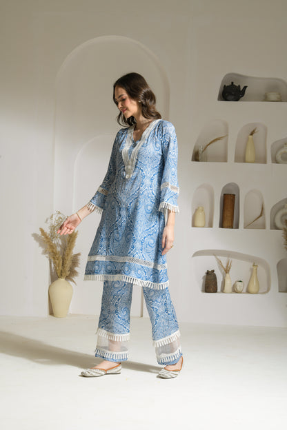 Nadia Blue Abstract Print A-line Kurta with trim Detailing with Printed Pants - Set of 2