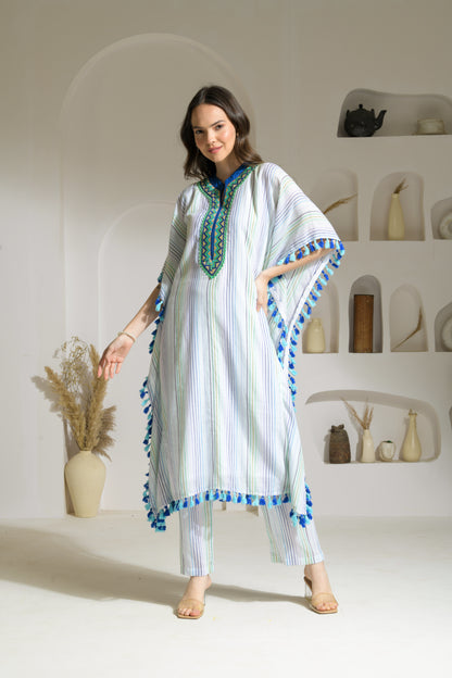 Saba Textured Cotton Blend Long Kaftan with Tassel Detailing and Straight fit Pants - Set of 2