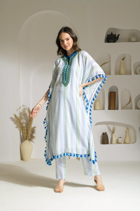 Saba Textured Cotton Blend Long Kaftan with Tassel Detailing and Straight fit Pants - Set of 2
