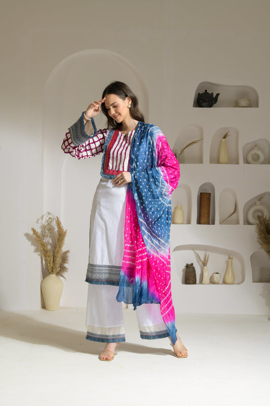 Dua Linen and Fringe Fabric Straight fit kurta and straight fit pants with Bandhni Dupatta - Set of 3