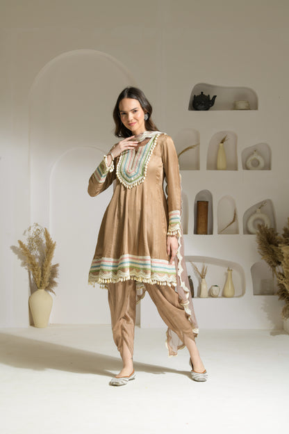 Zeenat Raw Silk Short Anarkali, Tulip Salwar and Organza Dupatta - Set of 3