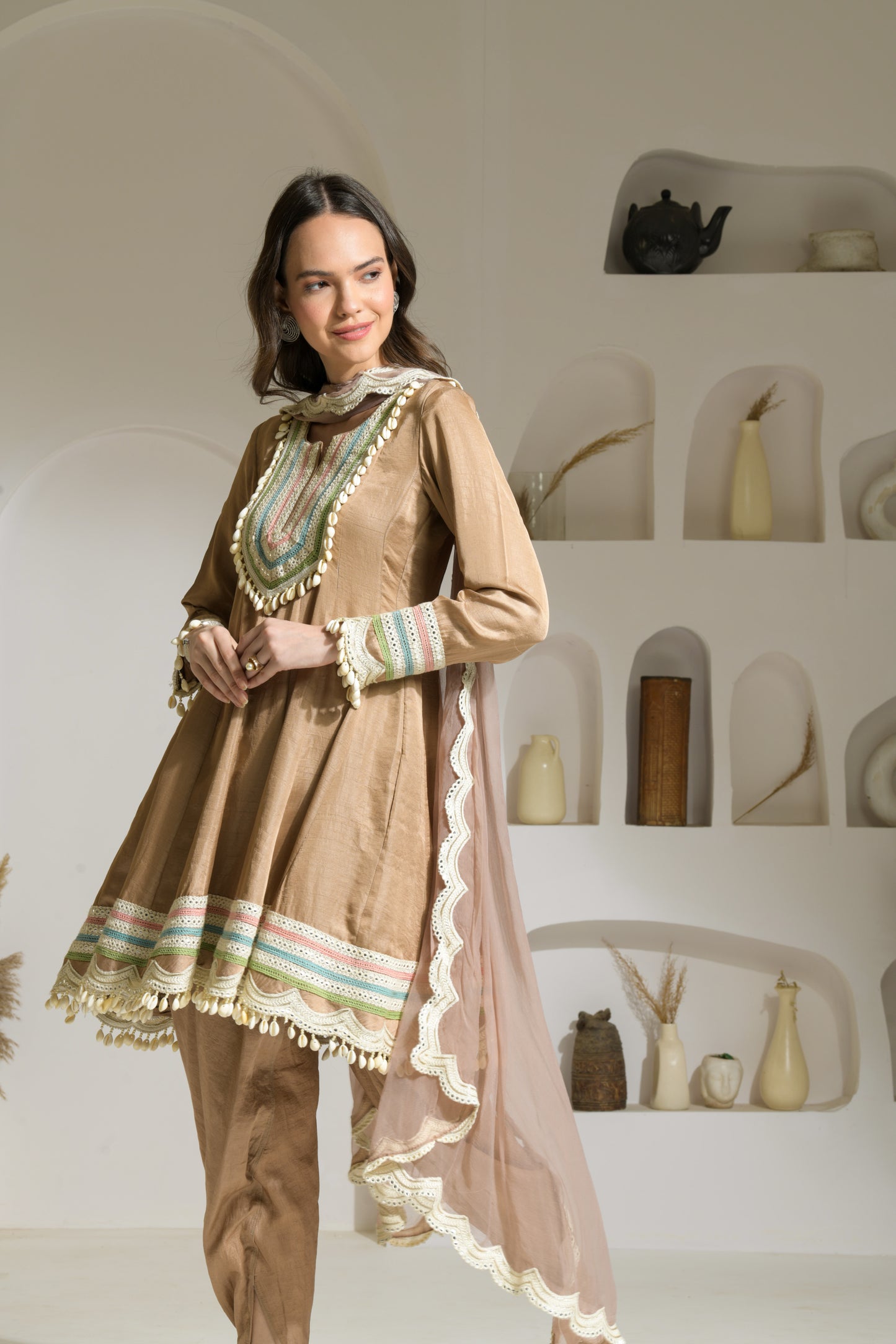 Zeenat Raw Silk Short Anarkali, Tulip Salwar and Organza Dupatta - Set of 3