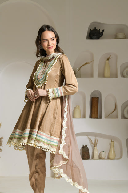 Zeenat Raw Silk Short Anarkali, Tulip Salwar and Organza Dupatta - Set of 3
