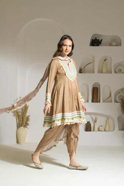 Zeenat Raw Silk Short Anarkali, Tulip Salwar and Organza Dupatta - Set of 3
