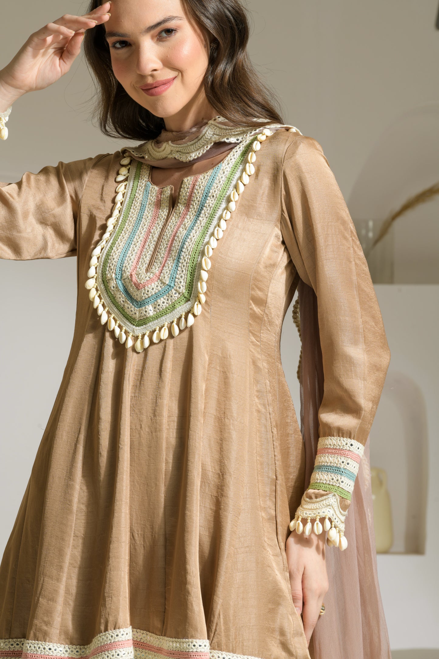 Zeenat Raw Silk Short Anarkali, Tulip Salwar and Organza Dupatta - Set of 3