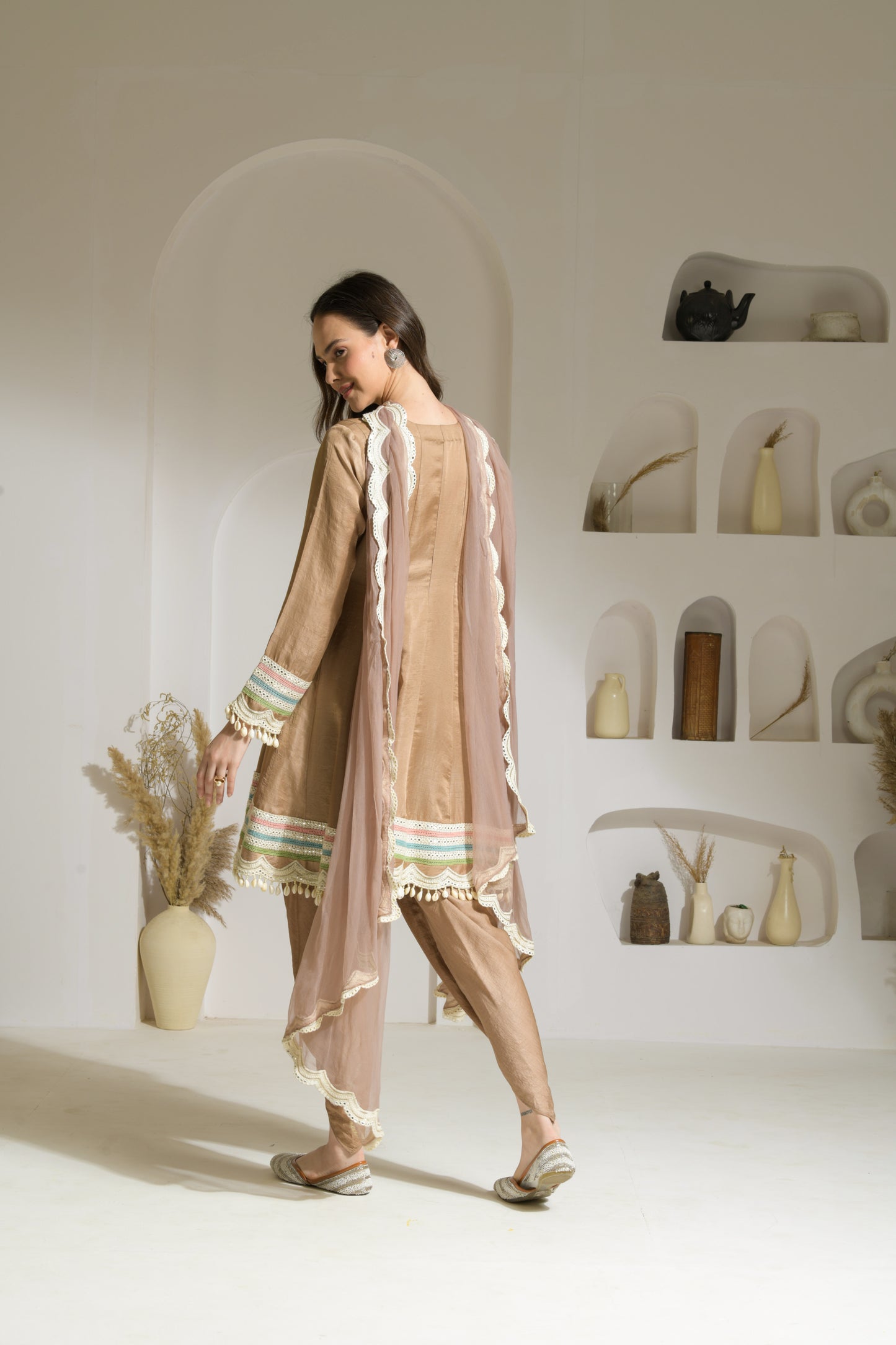 Zeenat Raw Silk Short Anarkali, Tulip Salwar and Organza Dupatta - Set of 3