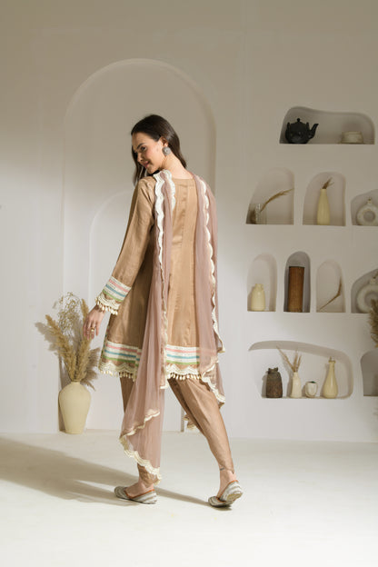 Zeenat Raw Silk Short Anarkali, Tulip Salwar and Organza Dupatta - Set of 3