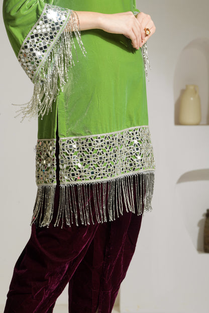 Gul Velvet mirror work A-line Kurta with Tulip Pants and Velvet Stole