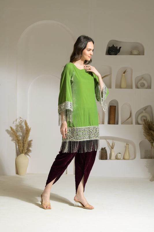 Gul Velvet mirror work A-line Kurta with Tulip Pants and Velvet Stole