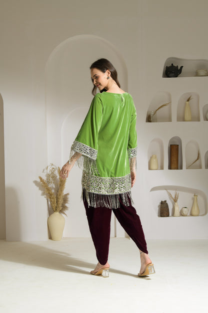 Gul Velvet mirror work A-line Kurta with Tulip Pants and Velvet Stole