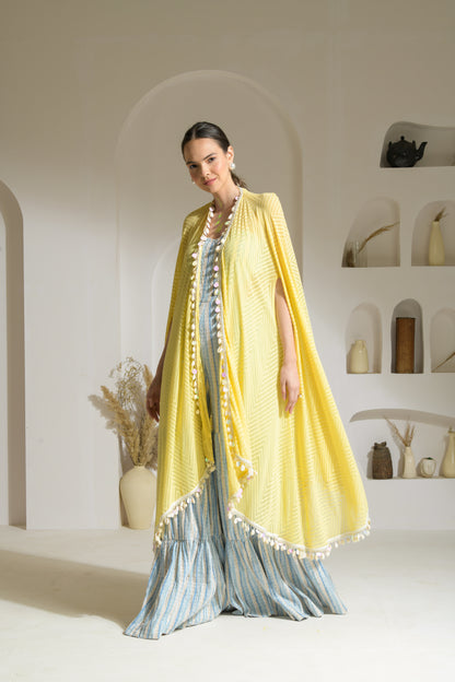 Aamira Striped Strapless cut-out Jumpsuit with flared pants with textured georgette Cape- Set of 2