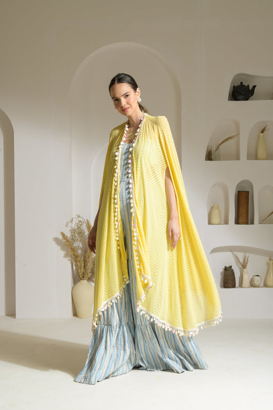 Aamira Striped Strapless cut-out Jumpsuit with flared pants with textured georgette Cape- Set of 2