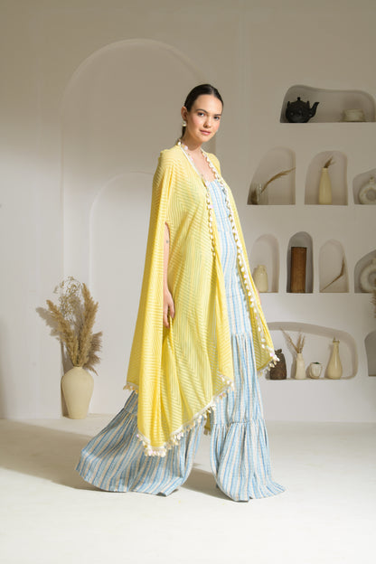 Aamira Striped Strapless cut-out Jumpsuit with flared pants with textured georgette Cape- Set of 2