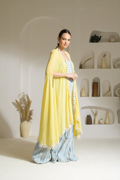 Aamira Striped Strapless cut-out Jumpsuit with flared pants with textured georgette Cape- Set of 2