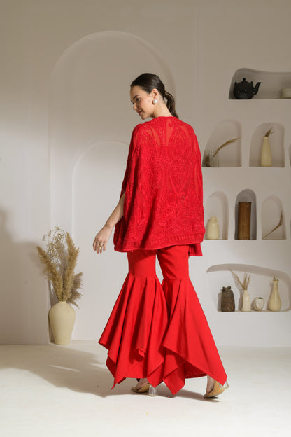 Rhubarb Aari-work Cape with Bustier and Flared Pants - Set of 3