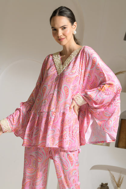 Bahaar Pink Paisley Print Poncho style top with Embroidered pearl neckline and straight fit pants - Set of 2