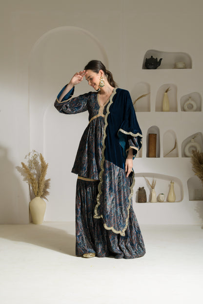 Ghazal Printed Velvet Short Flared Kurta with Gharara and Organza Dupatta/Velvet Stole - Set of 3