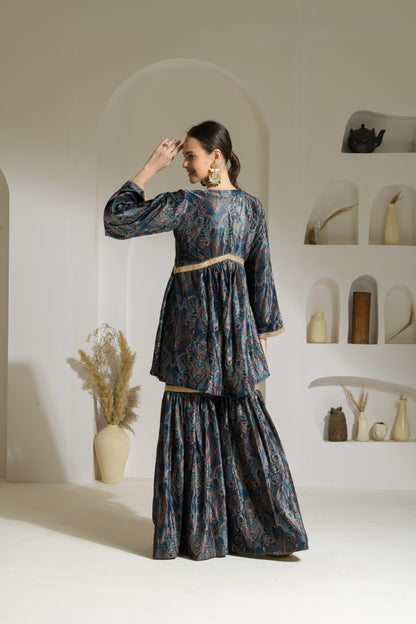 Ghazal Printed Velvet Short Flared Kurta with Gharara and Organza Dupatta/Velvet Stole - Set of 3