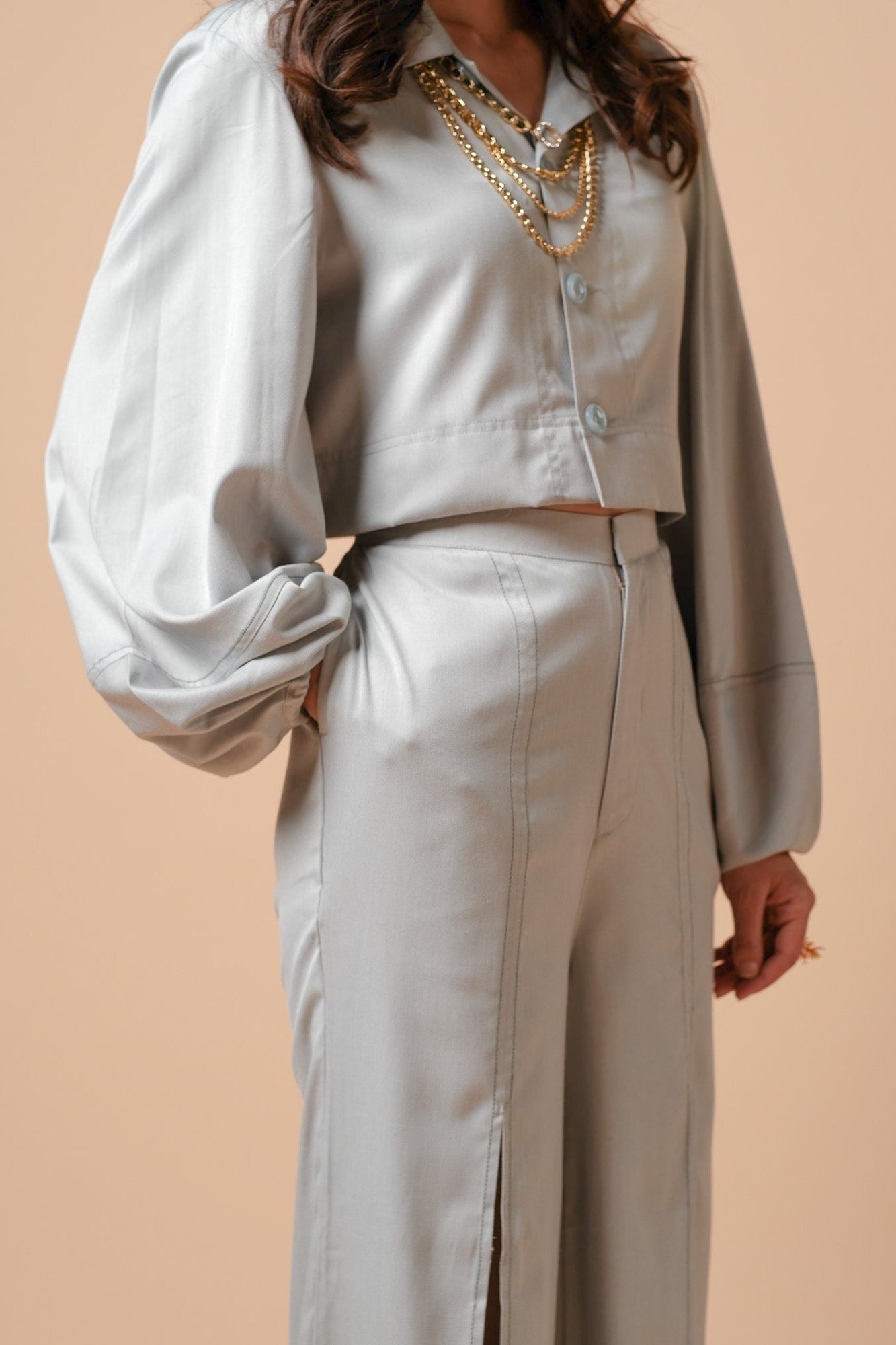 Sea Holly Boxy Fit Shirt and High-slit Flared Trousers- Set of 2