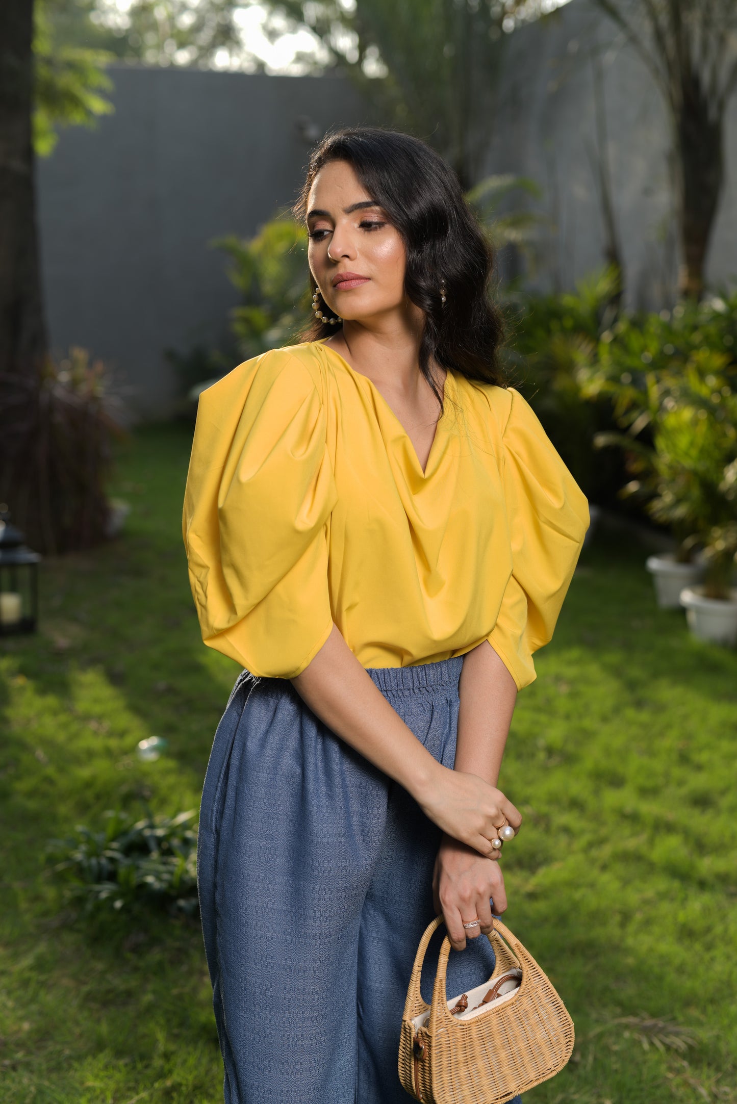 Glorina Draped Cowl Top with Printed Wide Leg Trousers - Set of 2