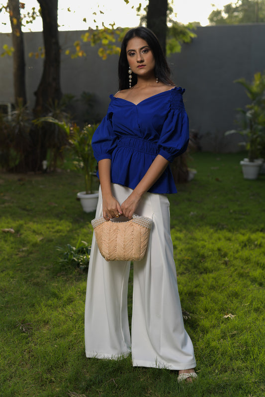 Jessika oﬀ-shoulder Smocked Peplum Top White Fit & Flared Trousers - Set of 2