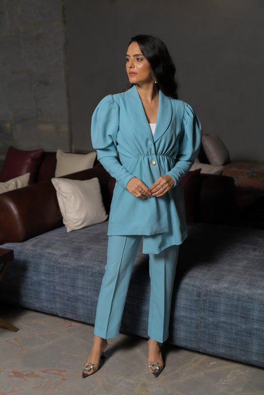 Seagull Gathered Asymmetric Blazer with Tailored Trousers - Set of 2