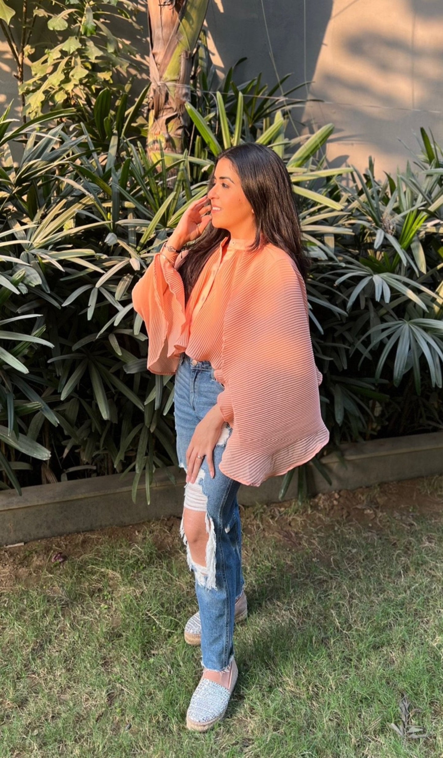 Manhattan Pleated Georgette Cape Shirt