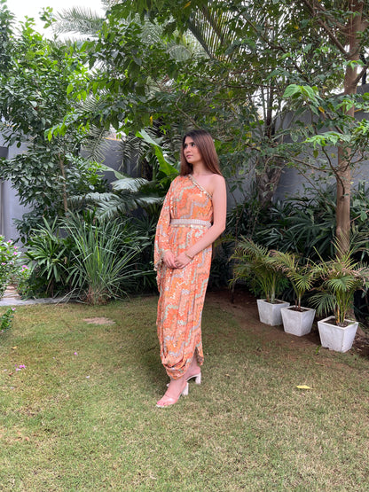 Khwaab Sequenced Bandhni one shoulder draped dress with embellished belt