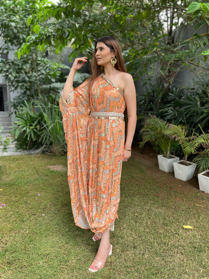 Khwaab Sequenced Bandhni one shoulder draped dress with embellished belt