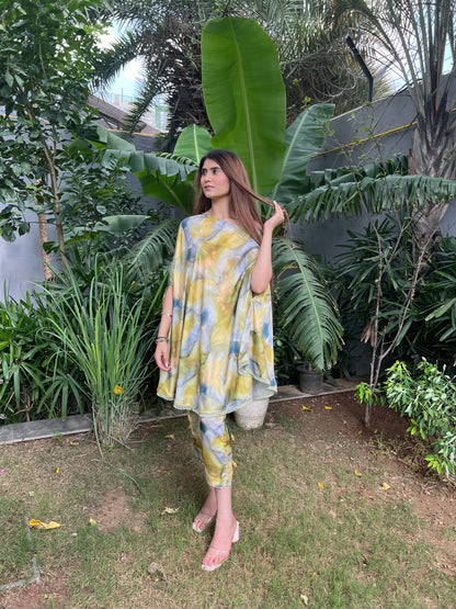 Zia Marble Print 2-way Cape-style Kurta with Pencil Fit Pants - Set of 2