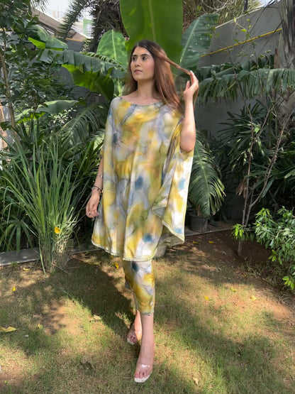Zia Marble Print 2-way Cape-style Kurta with Pencil Fit Pants - Set of 2
