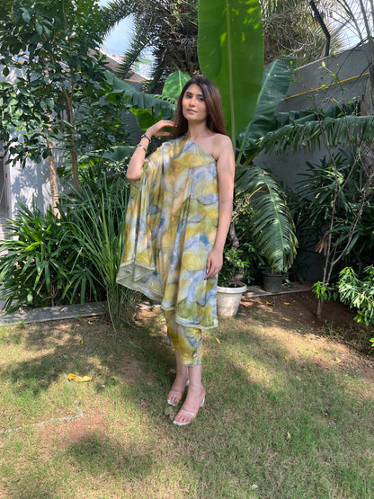 Zia Marble Print 2-way Cape-style Kurta with Pencil Fit Pants - Set of 2
