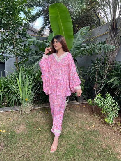 Bahaar Pink Paisley Print Poncho style top with Embroidered pearl neckline and straight fit pants - Set of 2