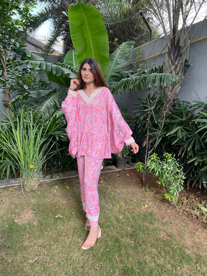 Bahaar Pink Paisley Print Poncho style top with Embroidered pearl neckline and straight fit pants - Set of 2