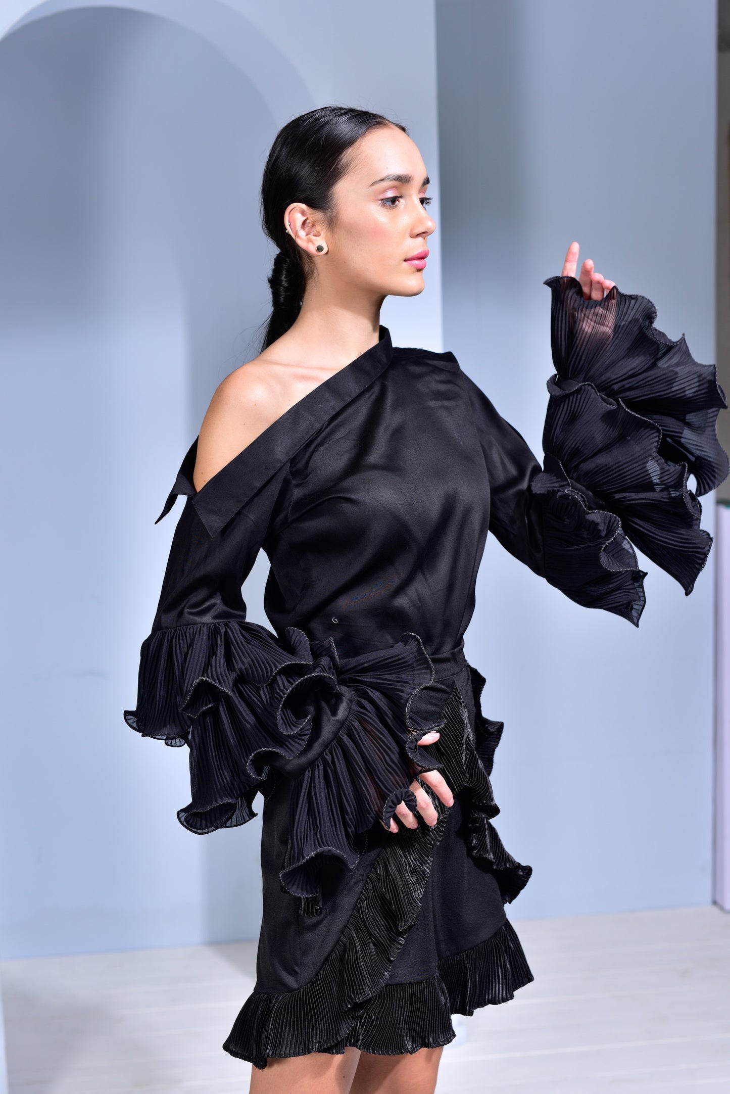 Hot Toddy Asymmetric Collar Top with Pleated Layered Ruﬄe Sleeves and Lycra Satin Pleated Skirt - Set of 2