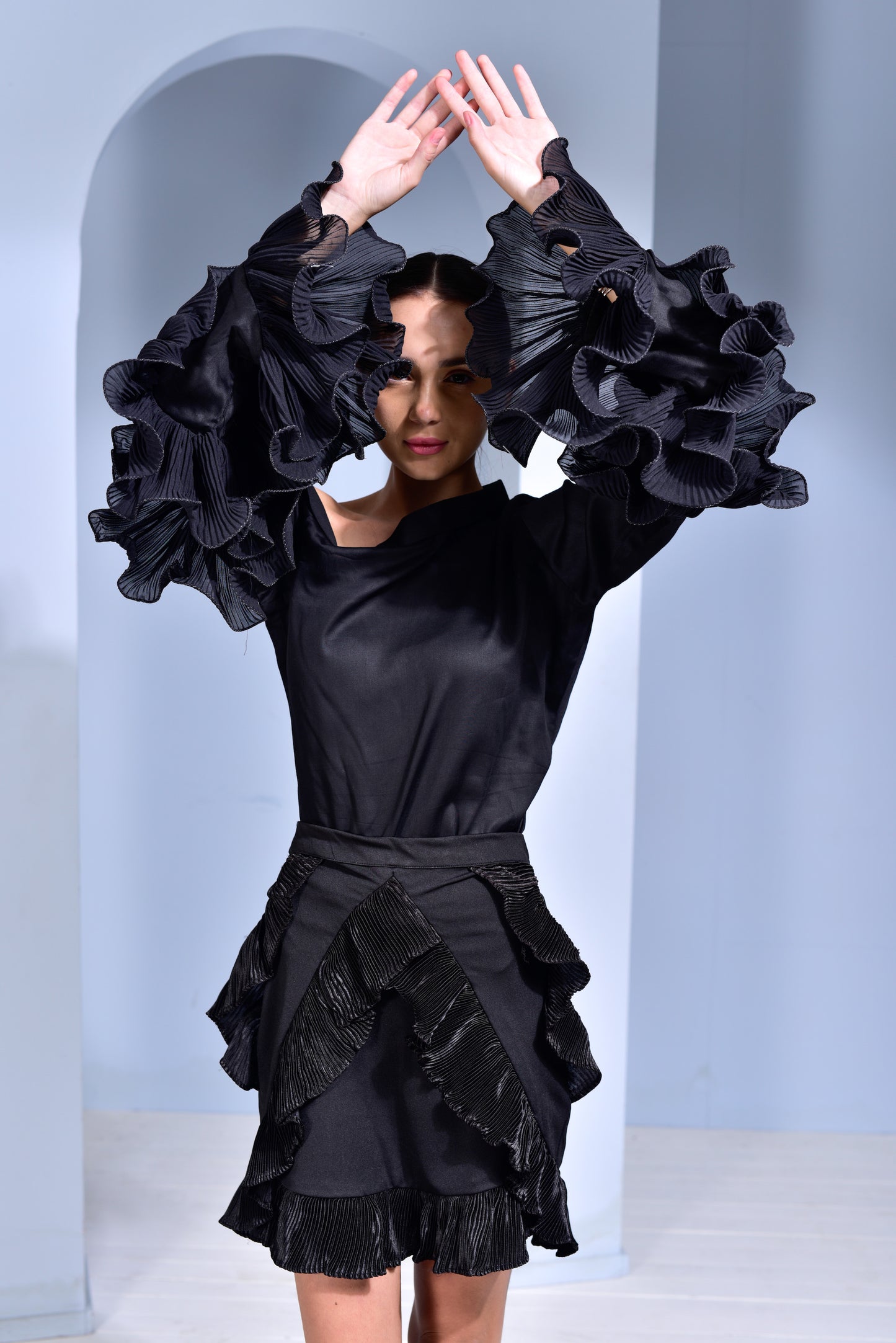Hot Toddy Asymmetric Collar Top with Pleated Layered Ruﬄe Sleeves and Lycra Satin Pleated Skirt - Set of 2
