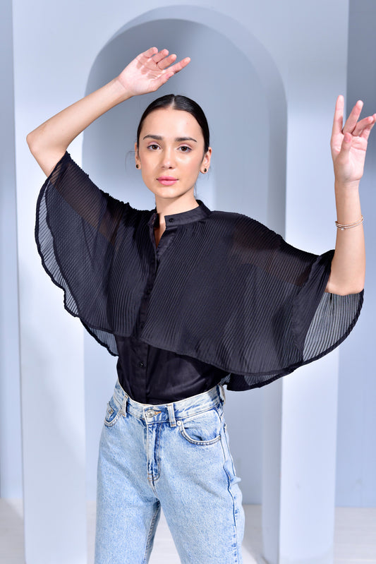 Manhattan Pleated Georgette Cape Shirt - Black