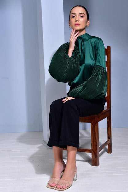 Prosecco Satin top with Voluminous Pleated Sleeves