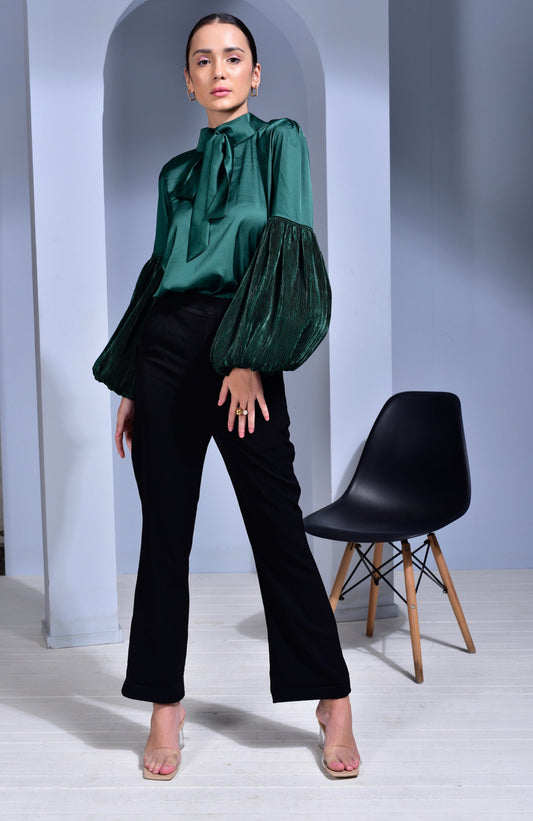 Prosecco Satin top with Voluminous Pleated Sleeves
