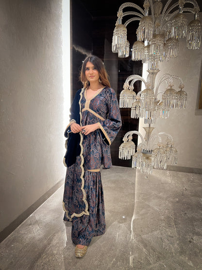 Ghazal Printed Velvet Short Flared Kurta with Gharara and Organza Dupatta/Velvet Stole - Set of 3