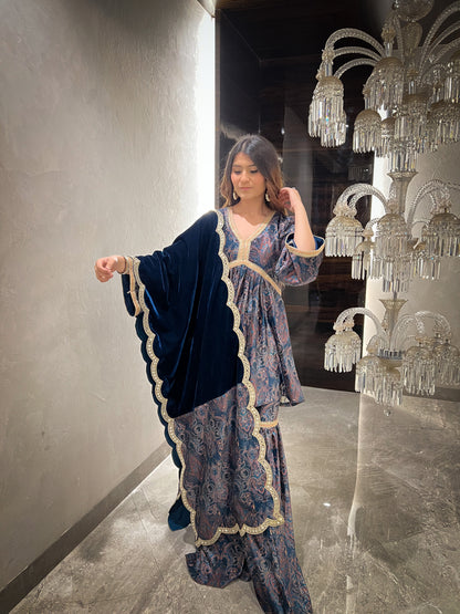 Ghazal Printed Velvet Short Flared Kurta with Gharara and Organza Dupatta/Velvet Stole - Set of 3