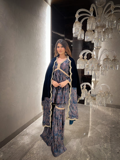 Ghazal Printed Velvet Short Flared Kurta with Gharara and Organza Dupatta/Velvet Stole - Set of 3