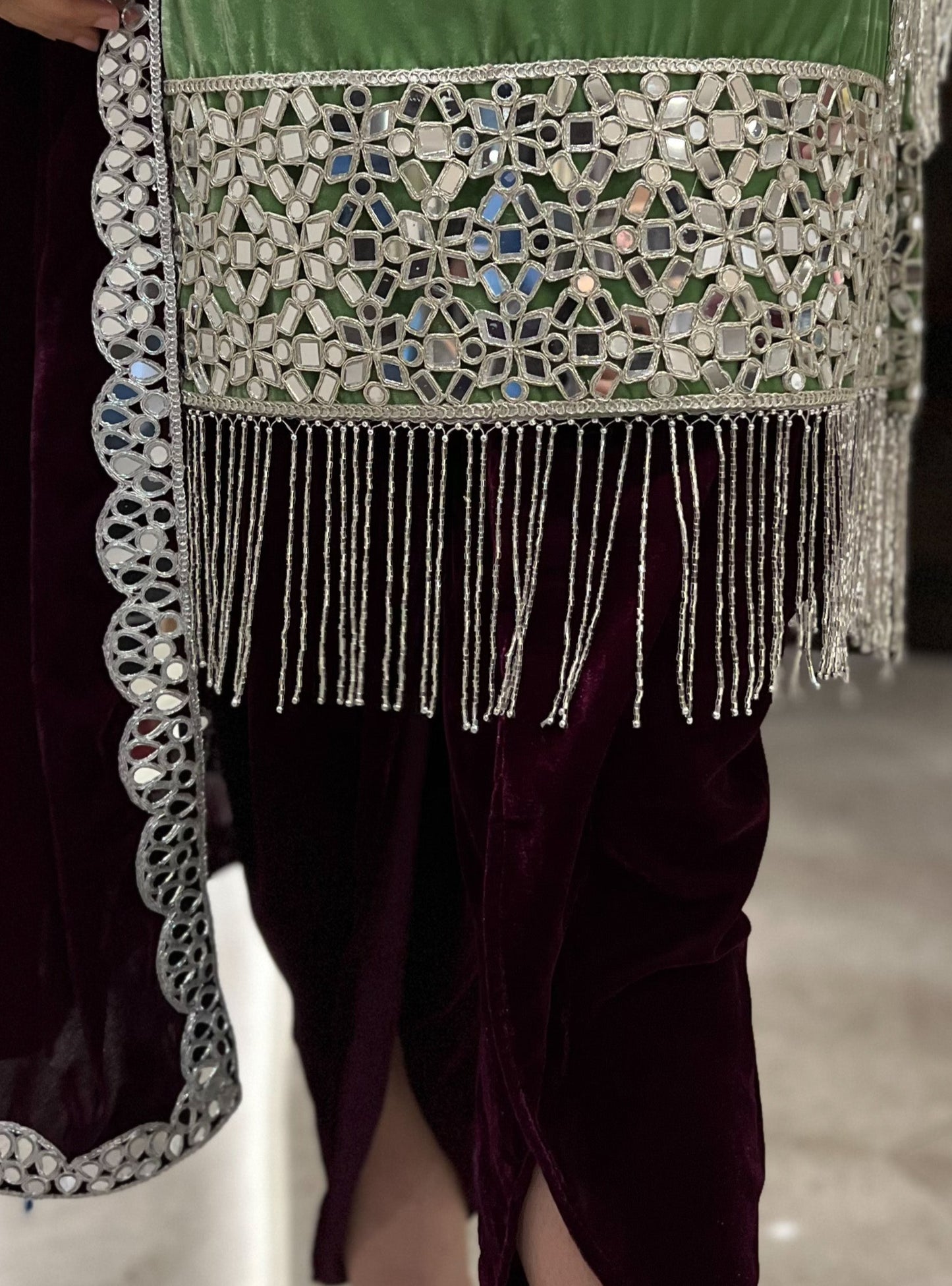 Gul Velvet mirror work A-line Kurta with Tulip Pants and Velvet Stole