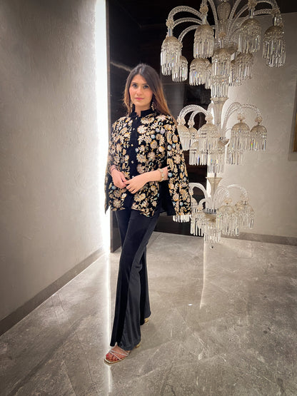 Sawera Coloured Floral Embroidered Velvet Cape with Velvet Fit & Flared Pants and Bustier - Set of 3