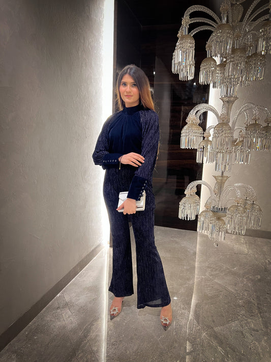 Sapphire Lurex Velvet Raglan Sleeve Top with Lurex velvet Flared Pants - Set of 2
