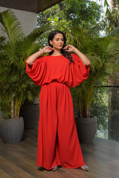 Fiona Dolman Sleeve Gathered Top and Wide leg Pants with Slit - Set of 2