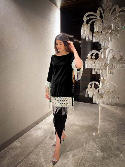 Gul Velvet mirror work A-line Kurta with Tulip Pants and Velvet Stole