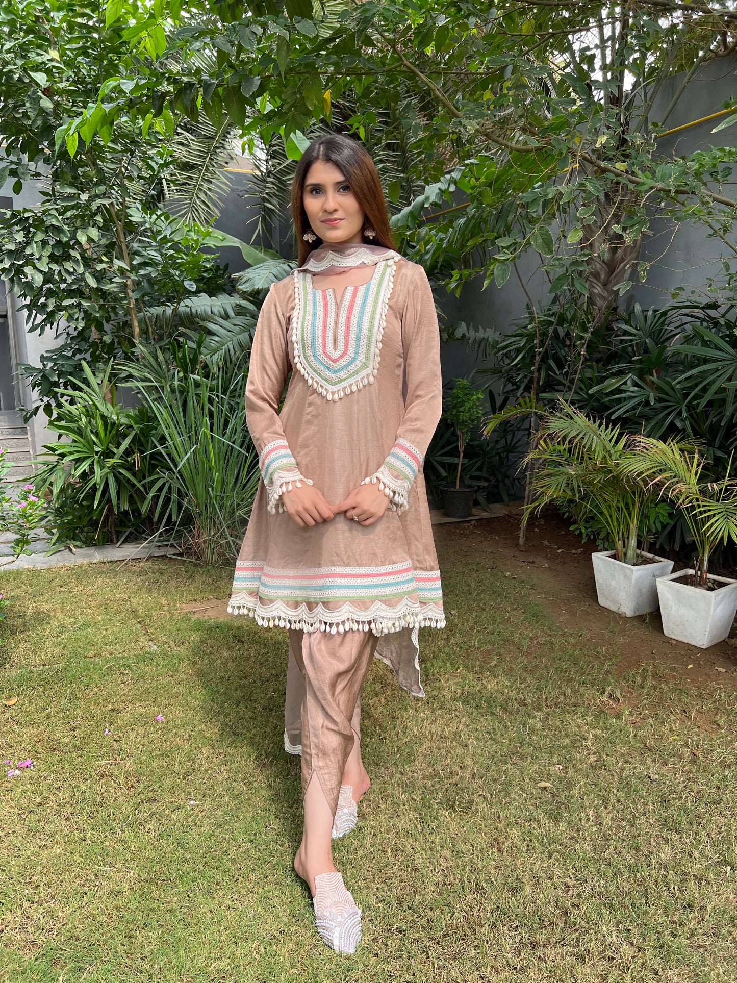 Zeenat Raw Silk Short Anarkali, Tulip Salwar and Organza Dupatta - Set of 3