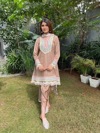 Zeenat Raw Silk Short Anarkali, Tulip Salwar and Organza Dupatta - Set of 3